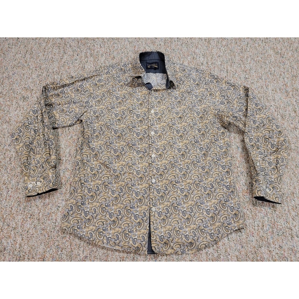 Cremieux Premium Denim Shirt Mens Large Tan Paisley Long Sleeve Cotton Casual